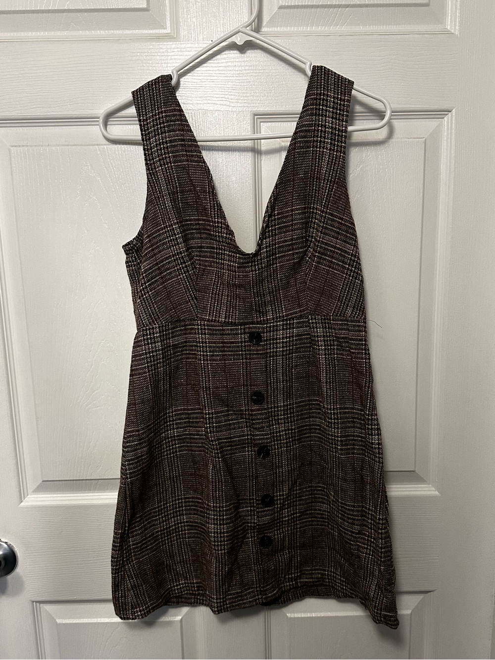 SHEIN Brown Plaid Button-Front Pinafore Mini Dress